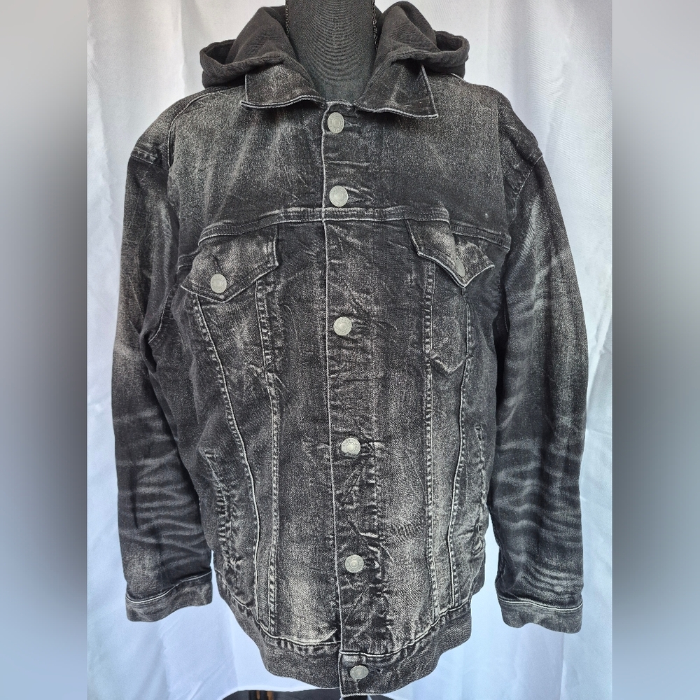 American Eagle Hooded Black Denim Trucker Jacket XL Insulated Distress